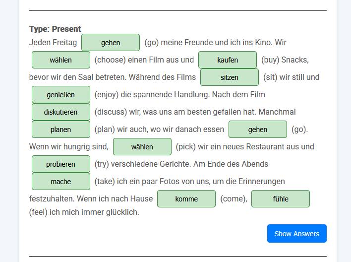 Highlight or indication of the 'Show Answer' button associated with the paragraph fill-up exercise.