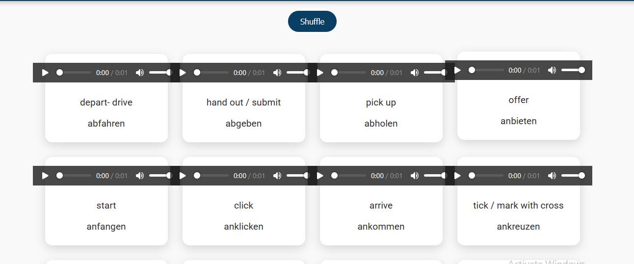 Interface showing German word, English meaning, and German context.