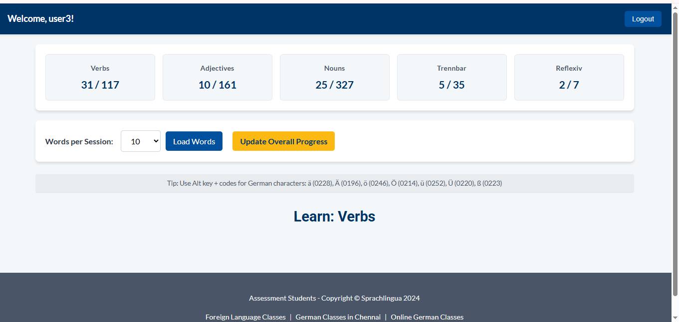 Selection interface showing different German word categories for self-testing.