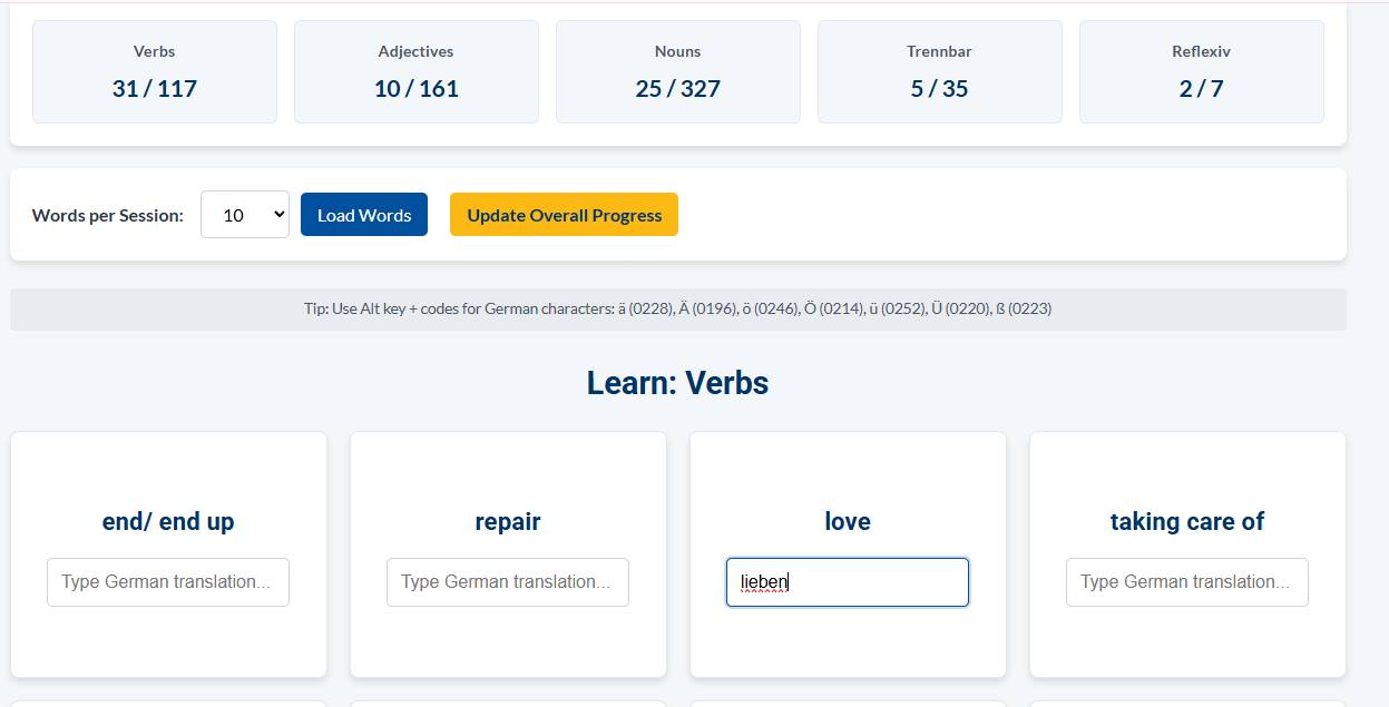 Self-test interface with boxes for entering German words; some may be missing indicating correct answers.